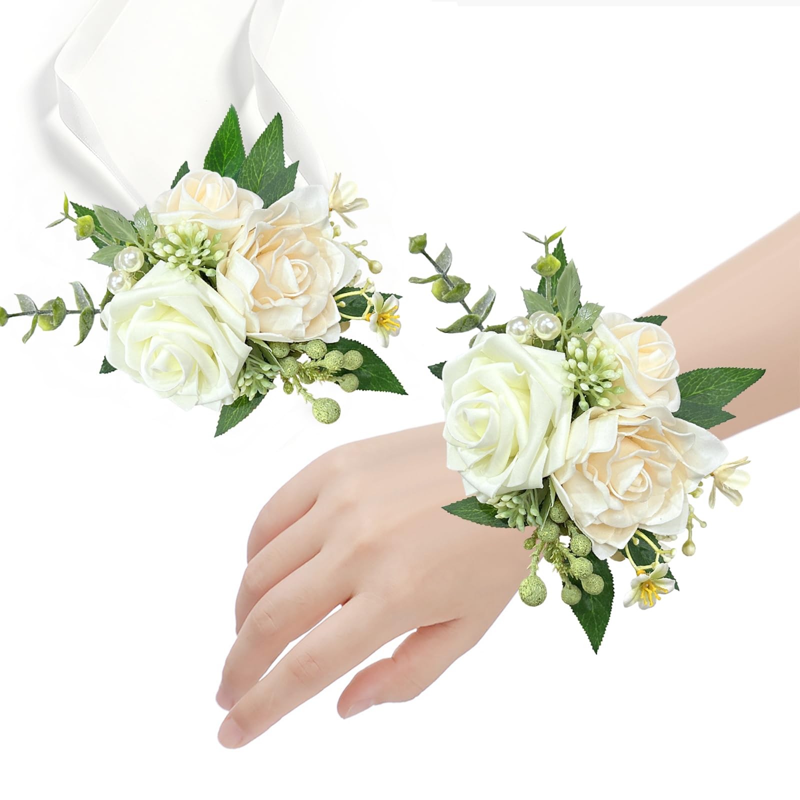 Ivory Rose Wrist Corsages White Flower Bridal Wristband Wedding Decor 6 PCS