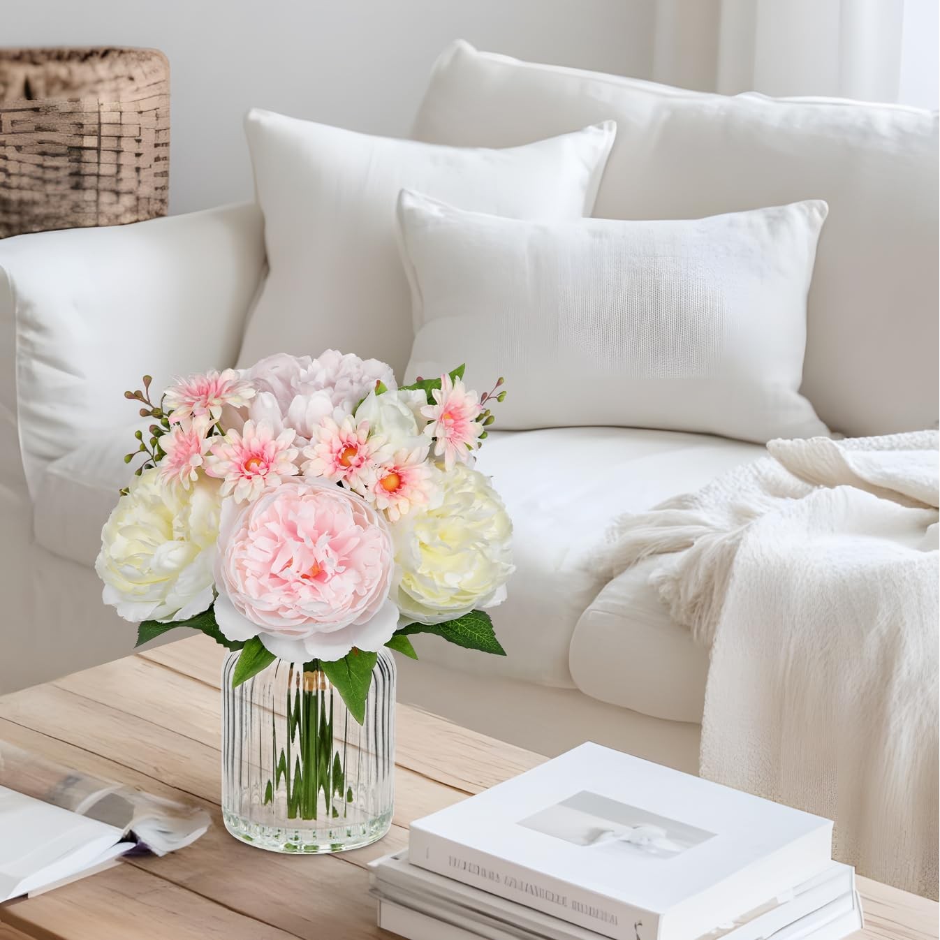 Pink Silk Peony Daisy Artificial Flowers In Vase Faux Floral Table Centerpiece