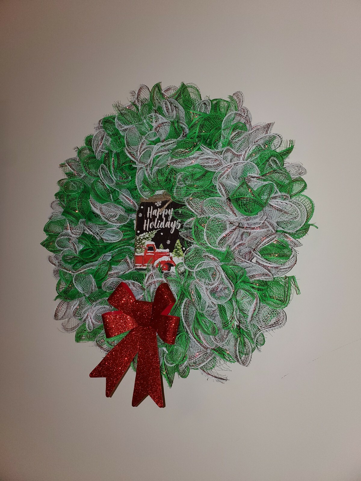 HAPPY HOLIDAYS green white Deco Mesh Front Door Wreath Wall Decoration CHRISTMAS