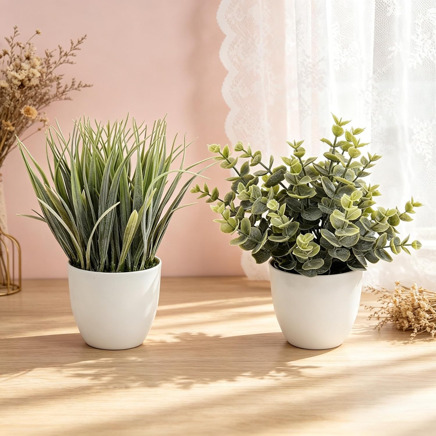 2 Pack Small Fake Plants, Artificial Eucalyptus Potted Plants for Spring and