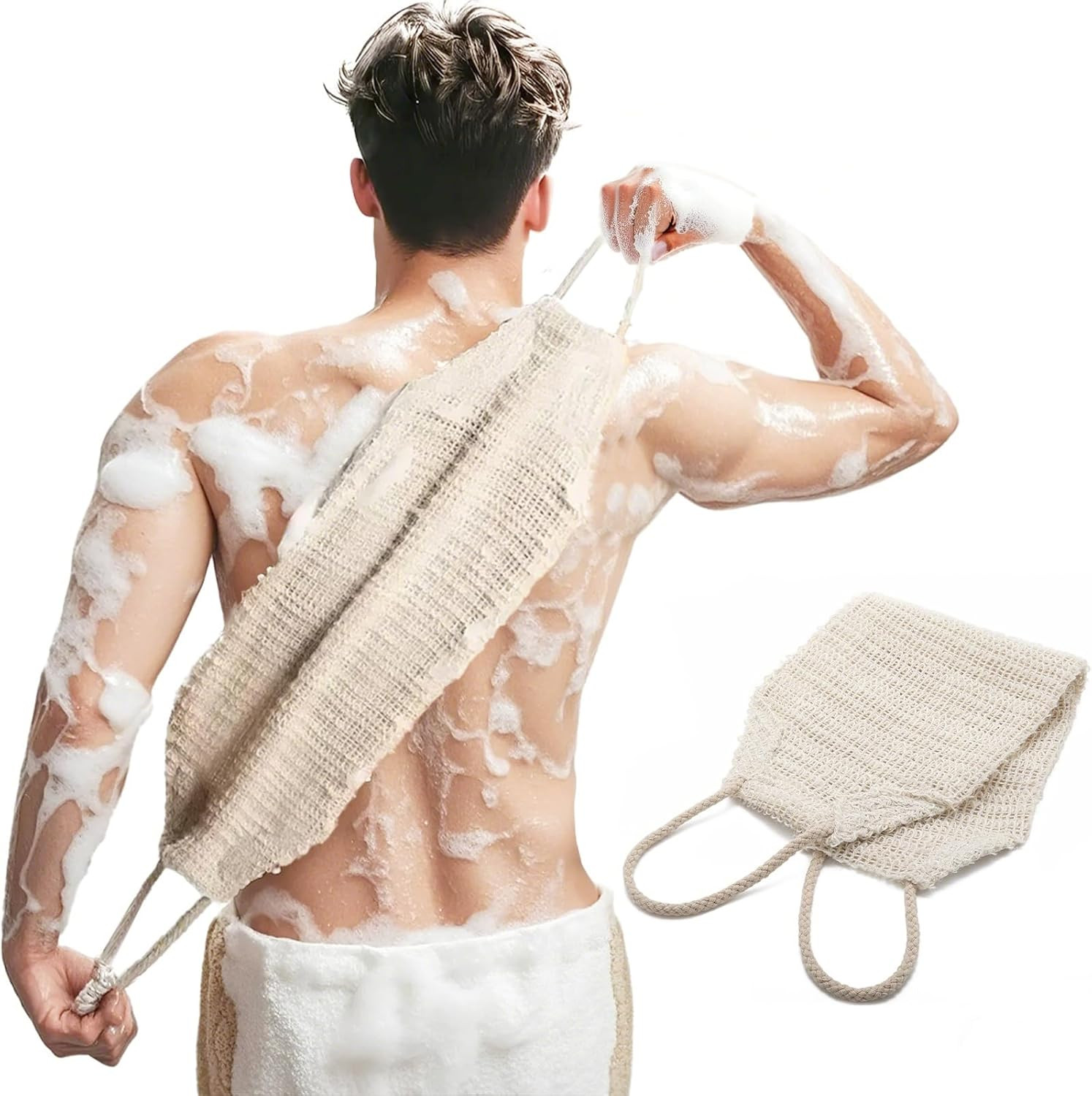 Natural Sisal & Ramie Exfoliating Back Scrubber for Shower with Handle – Deep…