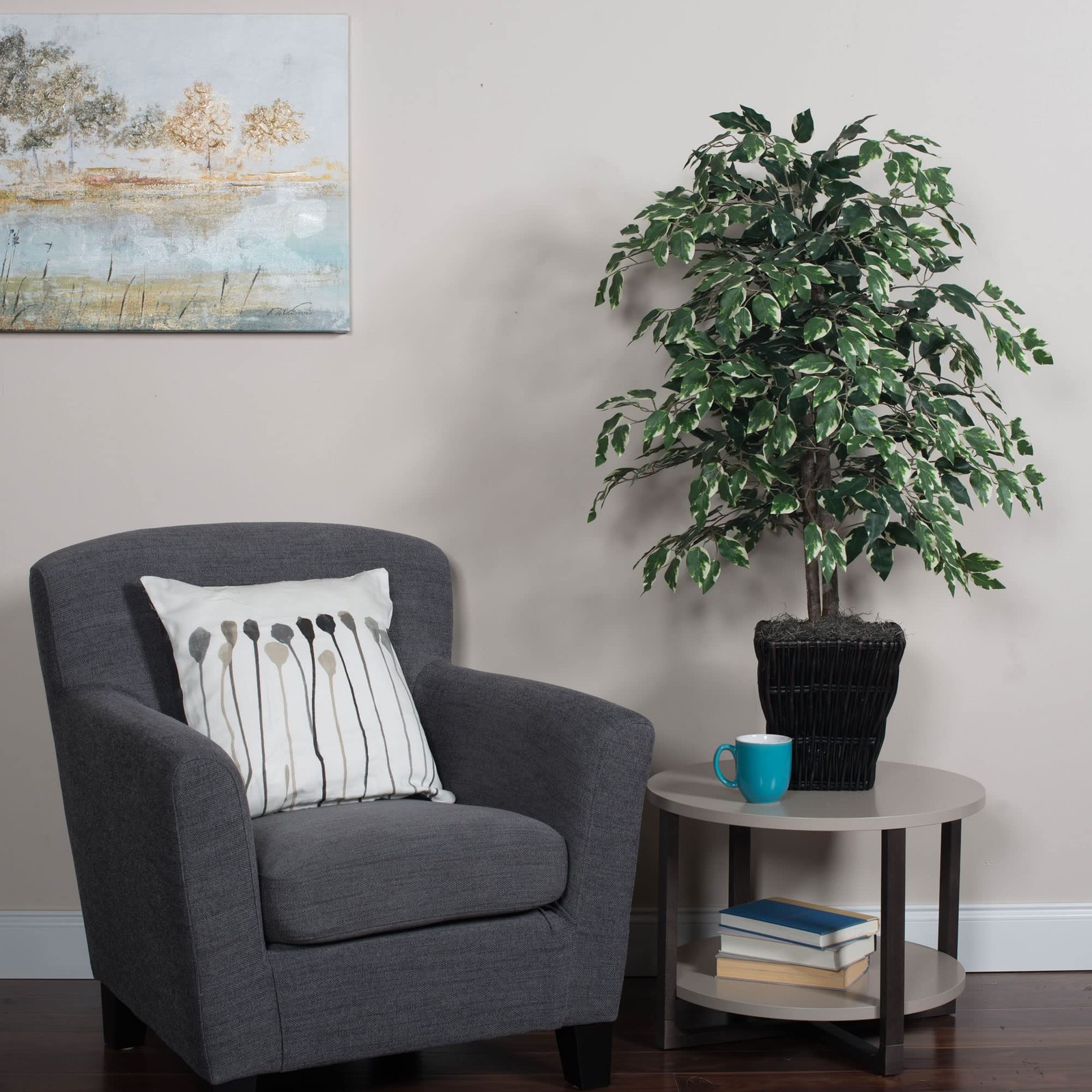 Pemberly Row 4′ Artificial Variegated Ficus Bush w/ Willow Basket in Green/White