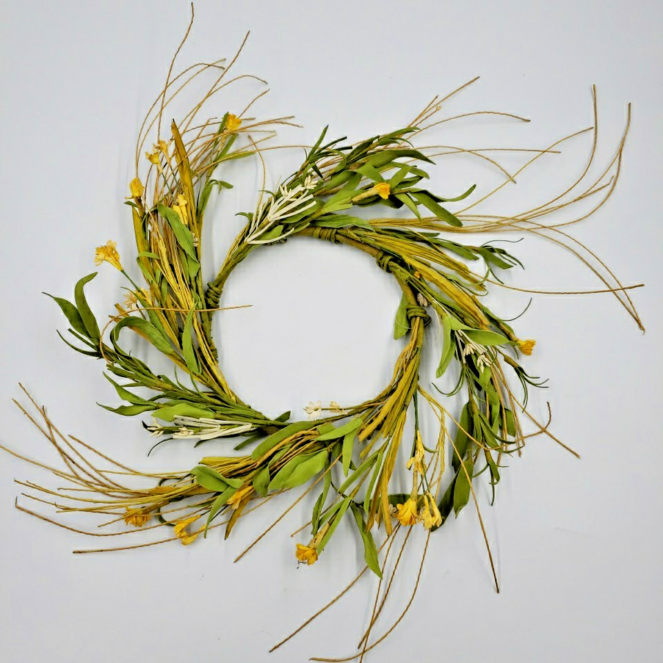 Primitive Floral Candle Ring Wreath Prairie Grass Yellow Flower Spring Summer 6″