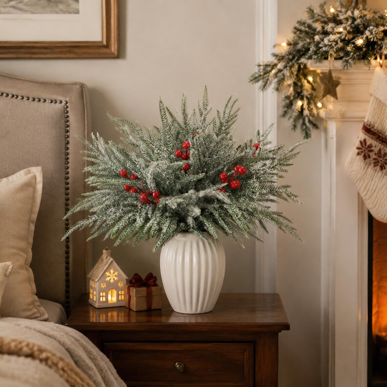 35 Pcs Christmas Snow Norfolk Pine Branches with Red Berry Stems