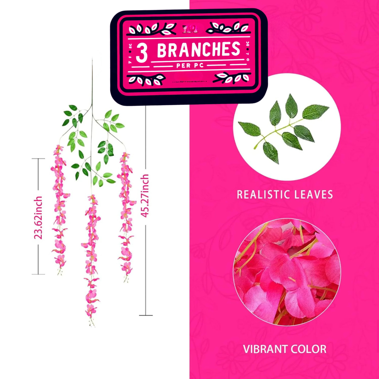 24pcs Hot Pink Wisteria Vines – 72 Branches Hanging Floral Wedding Backdrop Deco