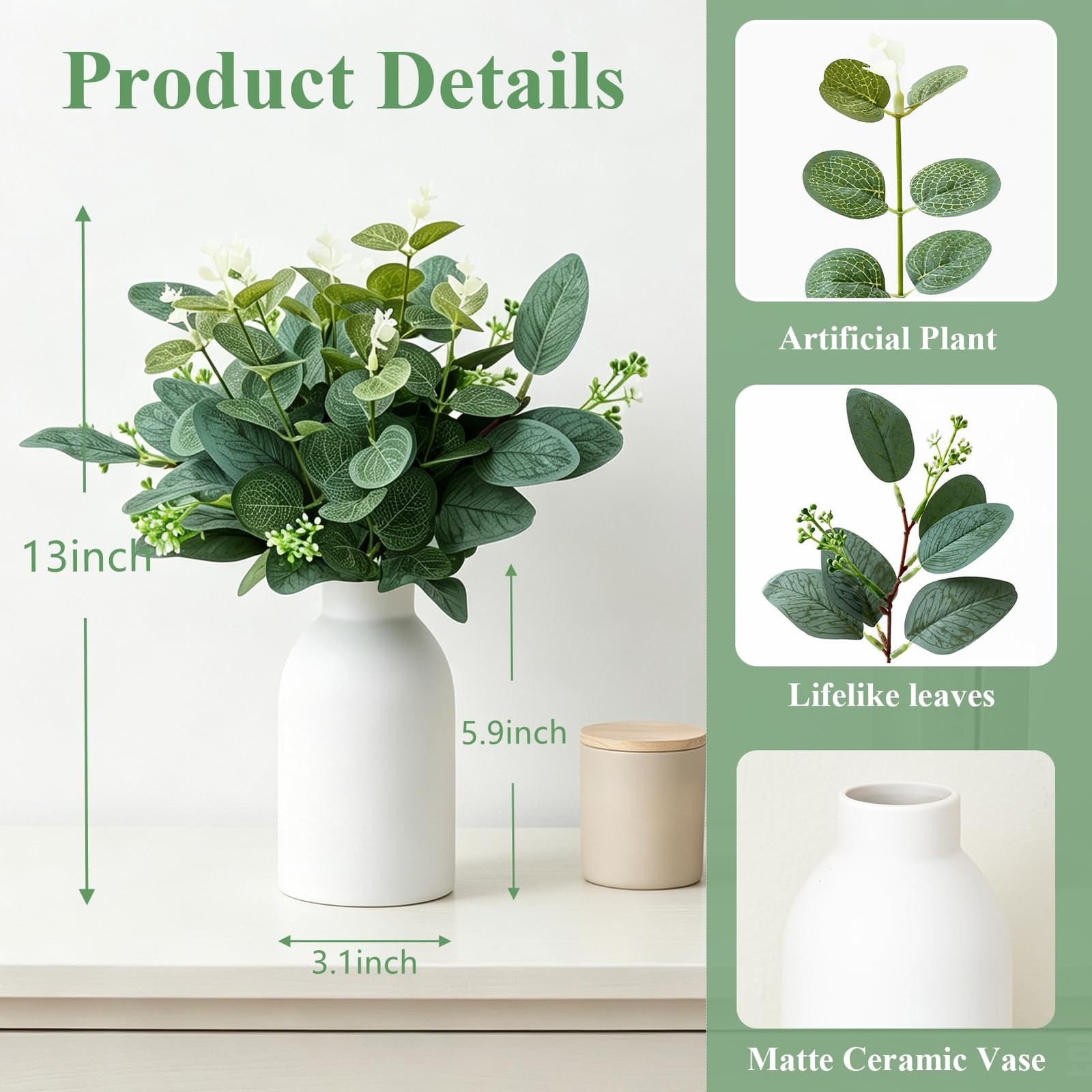 Artificial Eucalyptus Stems in Ceramic Vase, Fake Plants for Home Decor, Faux…