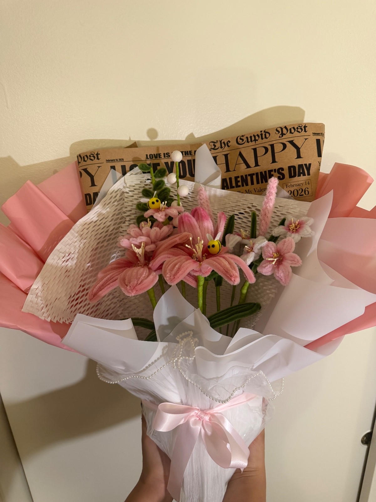 Pipe cleaner flower bouquet, pink fluffy flowers, Valentine’s Day,