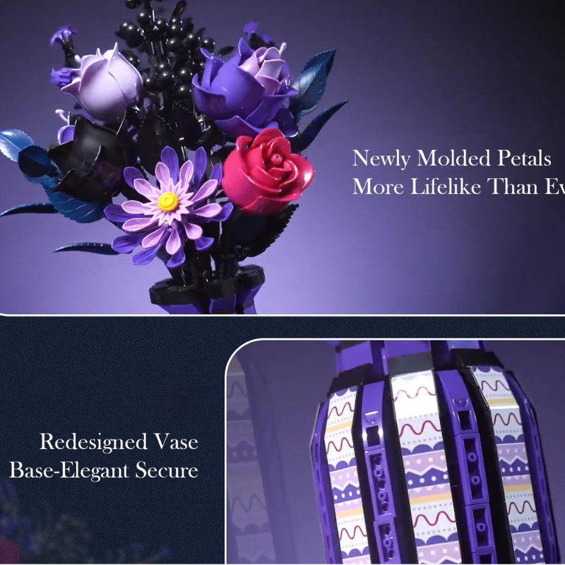 1218 PCS Dark Romance Gothic Bouquet Building Blocks Flower With vase Diy Model