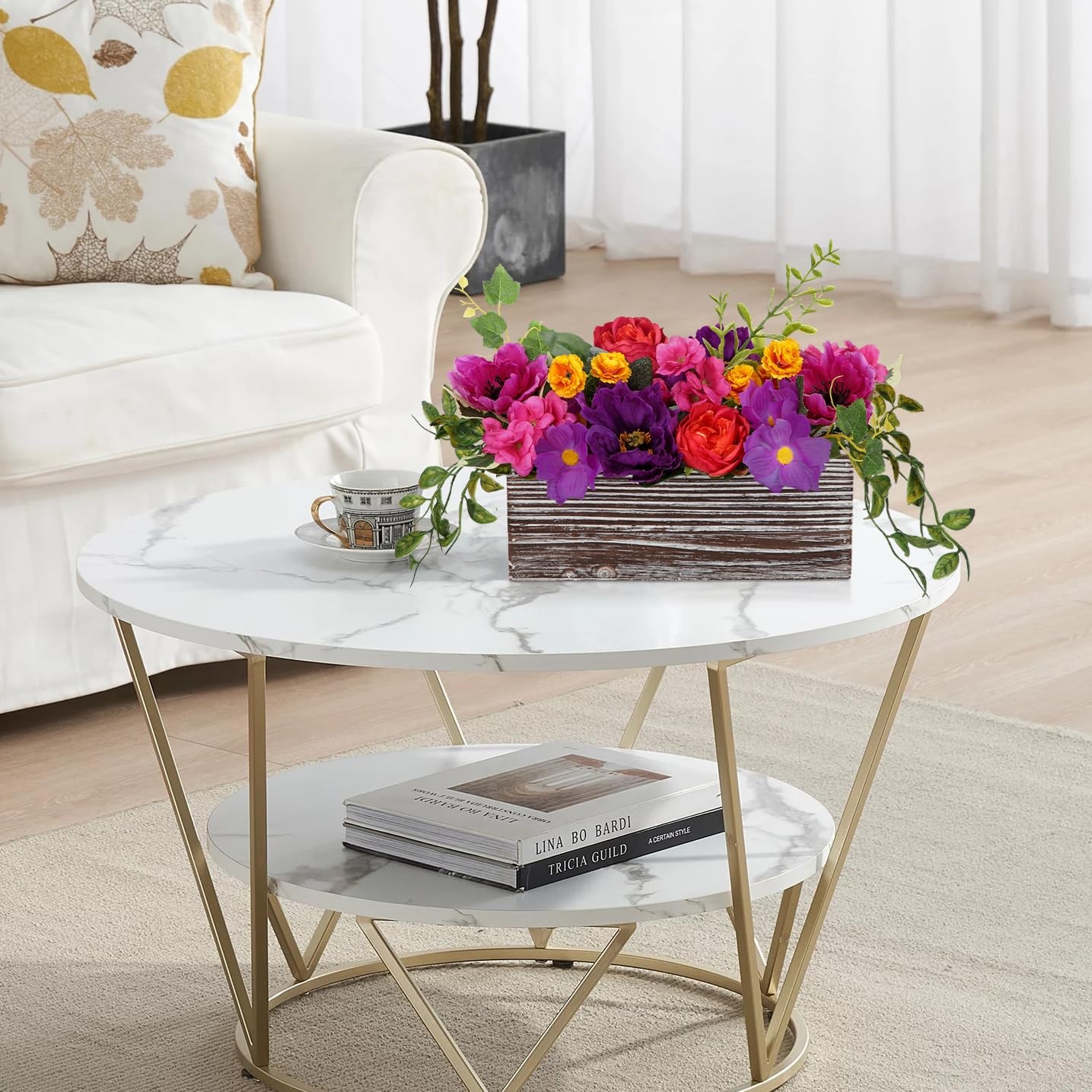 DILATATA Flower Arrangement with Wooden Vase 10″ Artificial Flowers in Pot – …