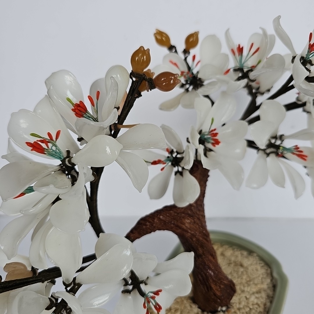 14″ Vintage Bonsai Tree Glass White Flower Blossom in Celadon Pot Handmade 1697