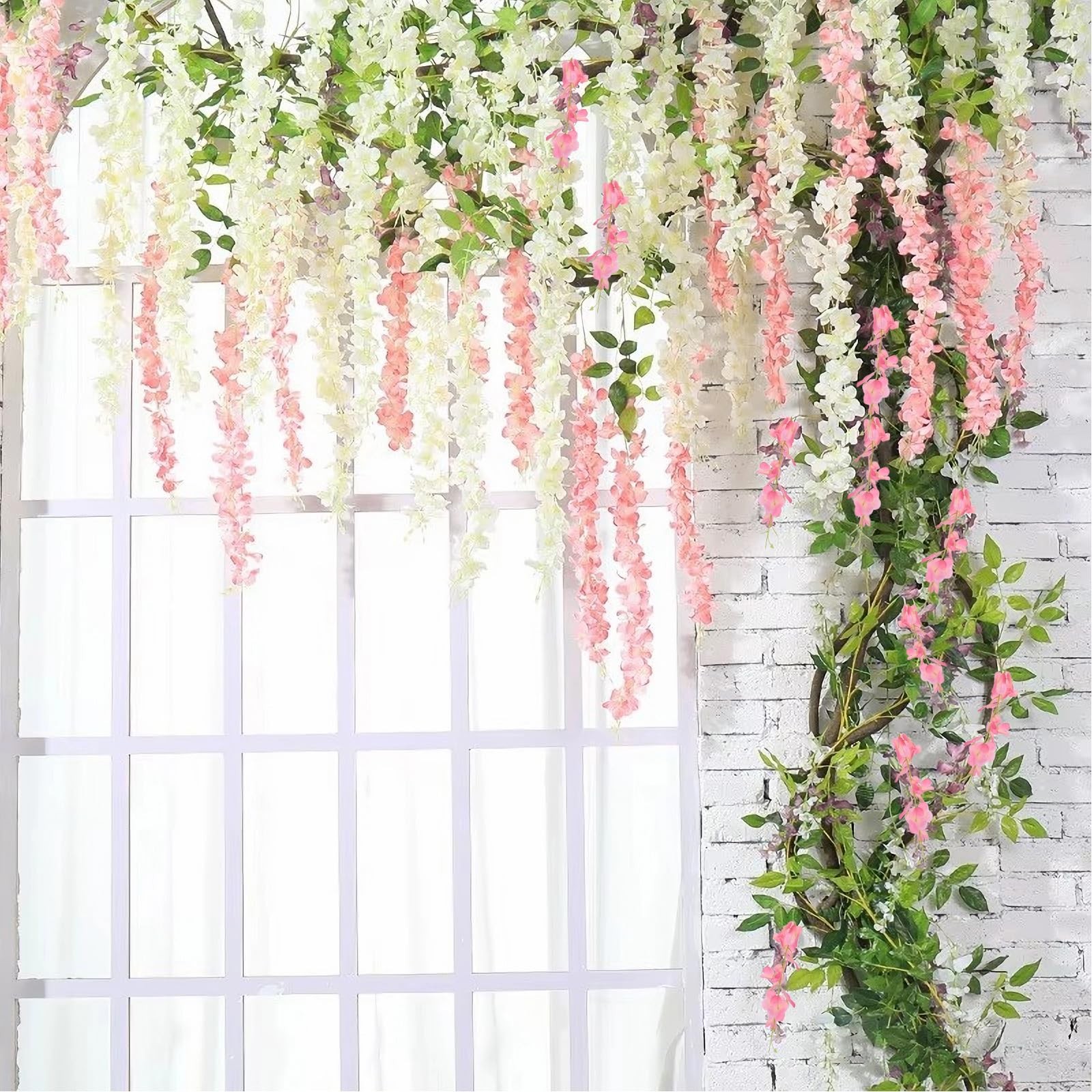 48Pcs Artificial Wisteria Hanging Flowers, 3.6Ft/Pcs White & Pink Fake Wister…
