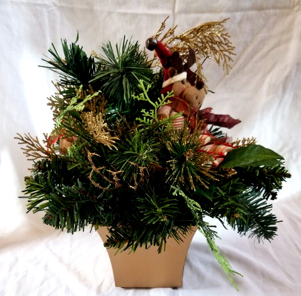 Xmas Floral Arrangement w Cloth Reindeer Accent 14″ x 13″ Table Desk Centerpiece