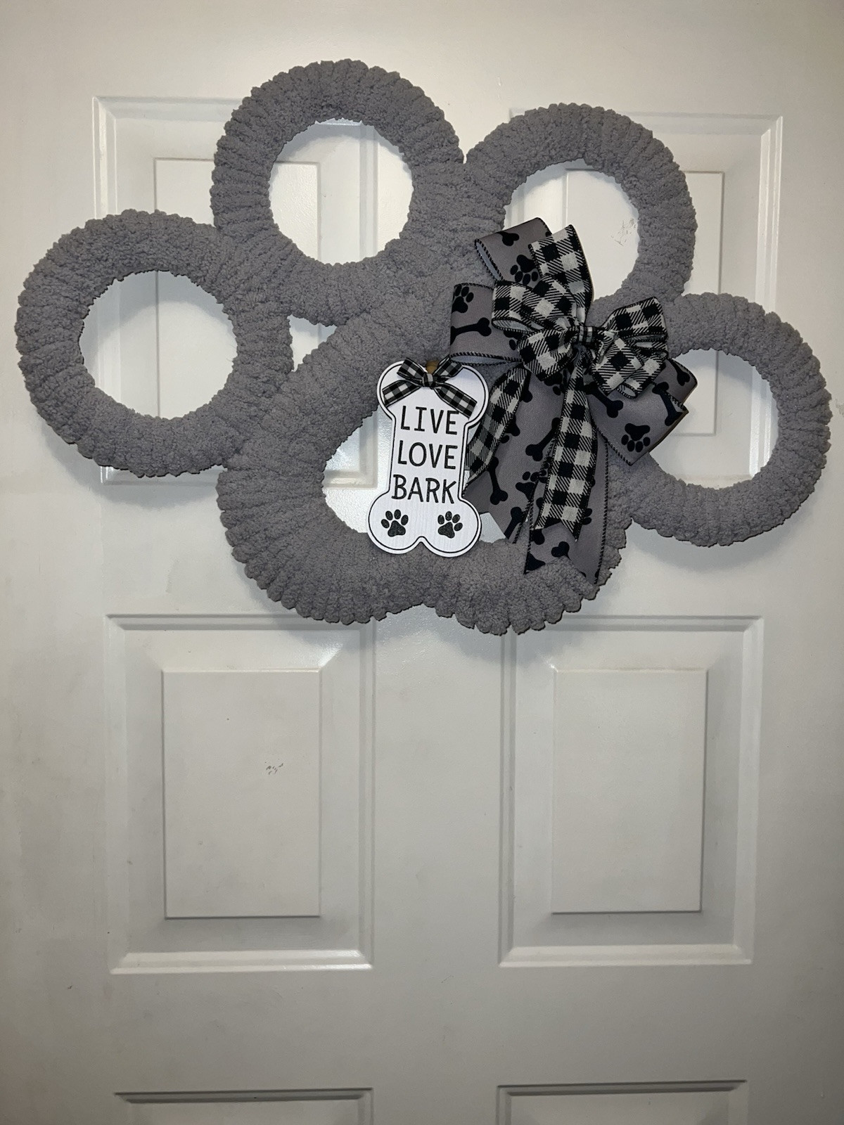 Live Love Bark Paw Print Wreath Grey Dog Paw Print LargeDoor Hanger Dog Mom Gift