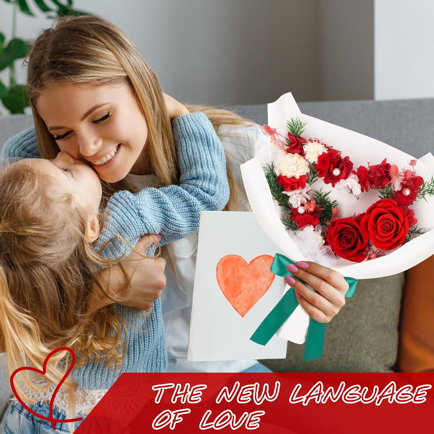 Forever Flowers Preserved Flower Bouquet Red Roses Heart Shape Natural Real Long