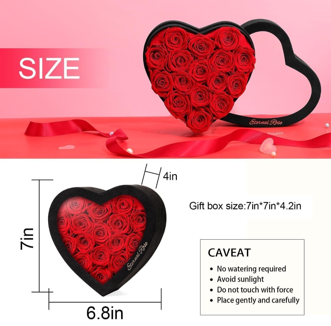 Eternal Rose Preserved Rose Heart-Shaped Flower Box 16 Red Roses Black 7in