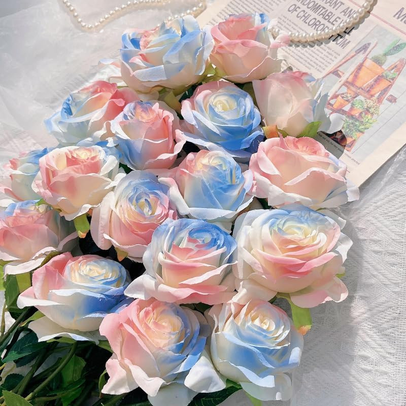 Pink Blue Mix Artificial Roses Fake Flowers Not Bend the Peduncle with Stems for