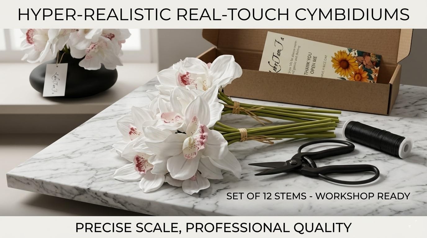 White Latex Real Touch Cymbidium Orchid Artificial Flower Bouquet 12 PCS