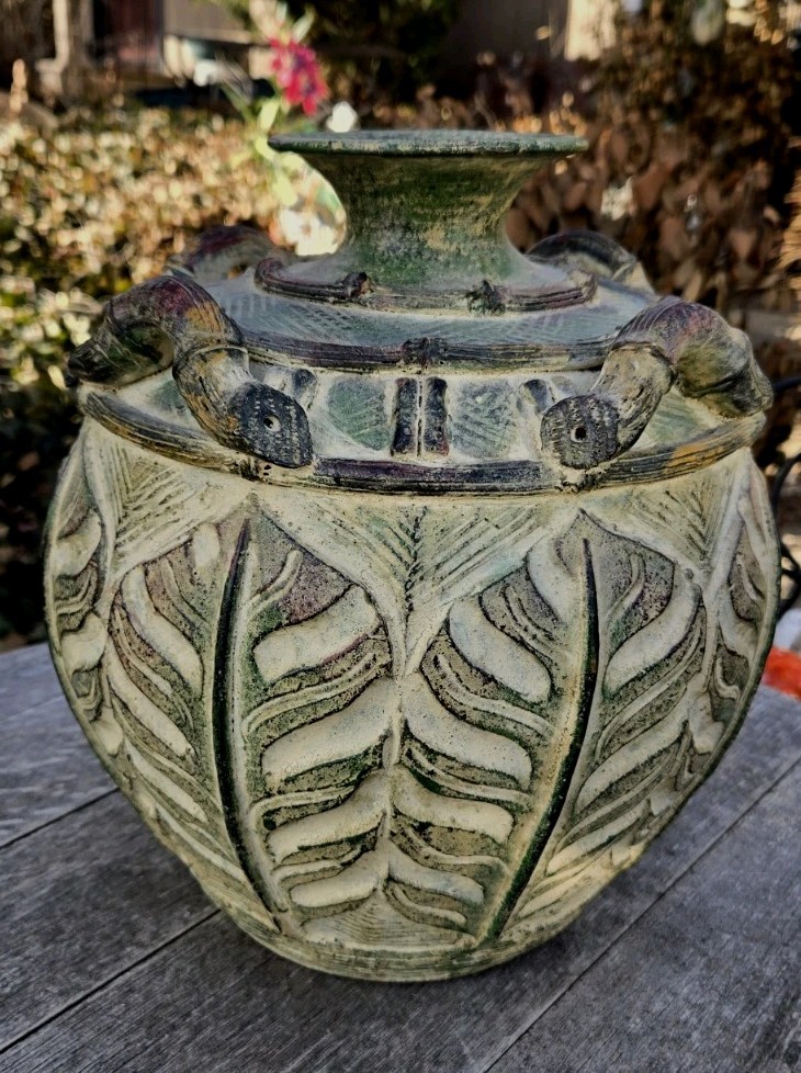 Rustic Urn Vase Earthenware Pottery Botanical Leaf Handles 12″T Brownish Green