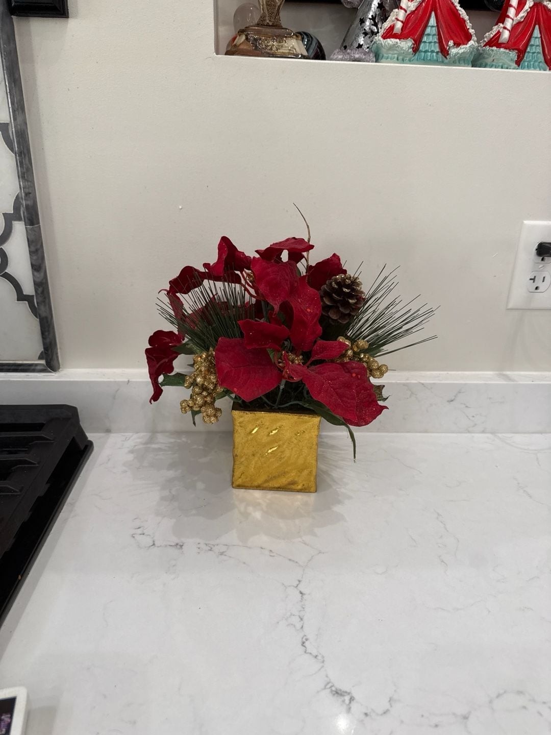 Artificial Poinsettia, Pine and Berry Christmas Arrangement in Gold Square Vase