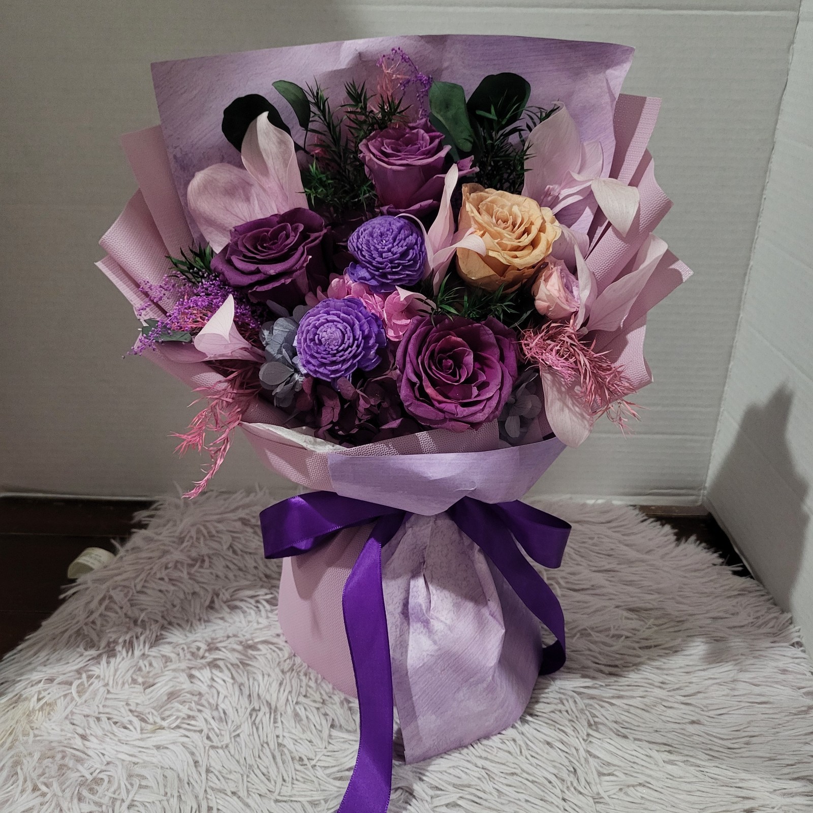 Purple Roses Bouquet Great Birthday Gift Beautiful Preserved Flowers