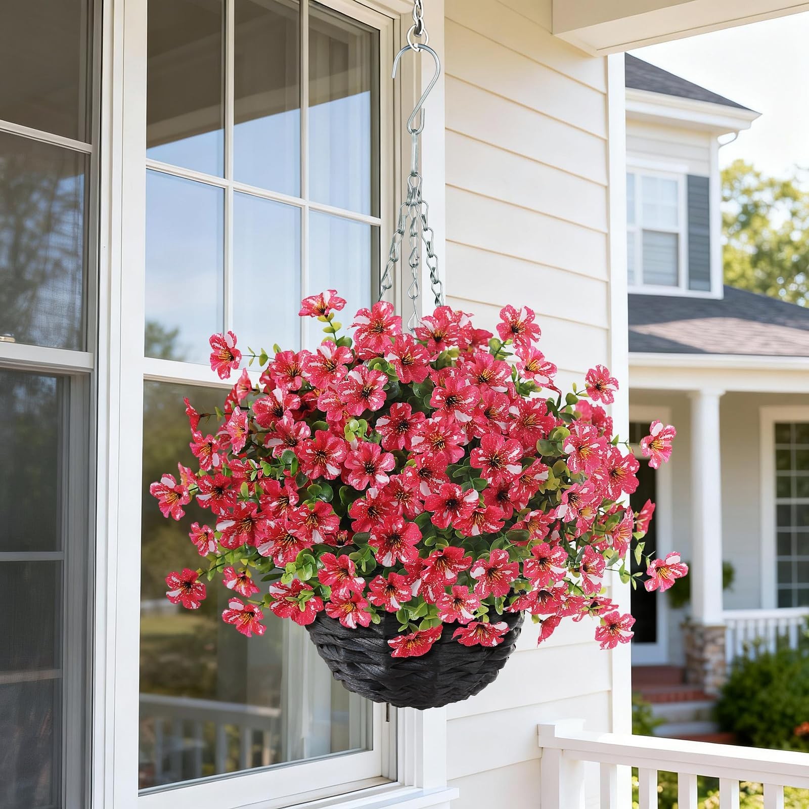 Artificial Flower & Eucalyptus with Hanging Basket – 2PCS Faux UV Sun Resistant