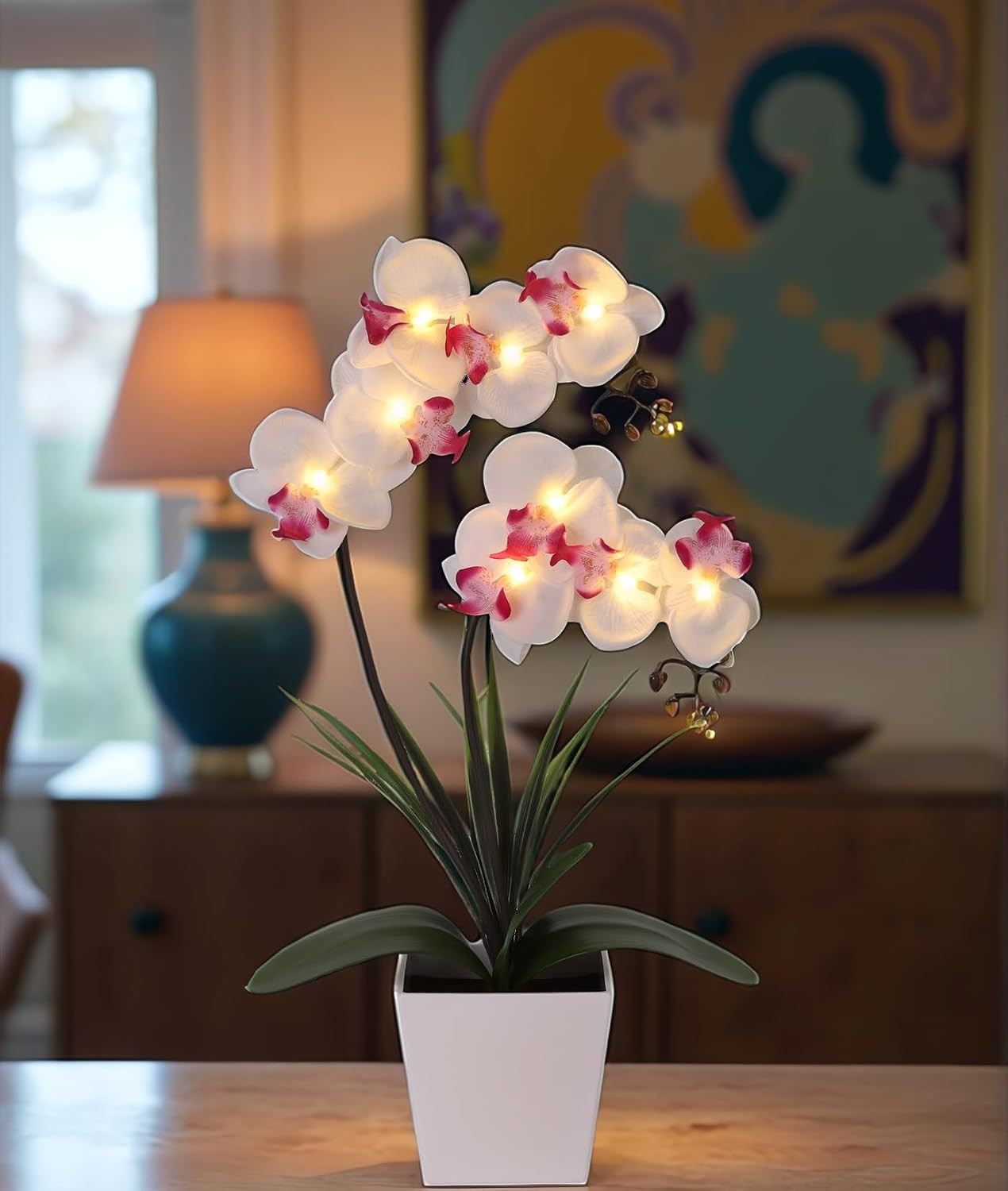LED Orchid Lamp – Pre-Lit Faux Phalaenopsis Flower Arrangement (White)
