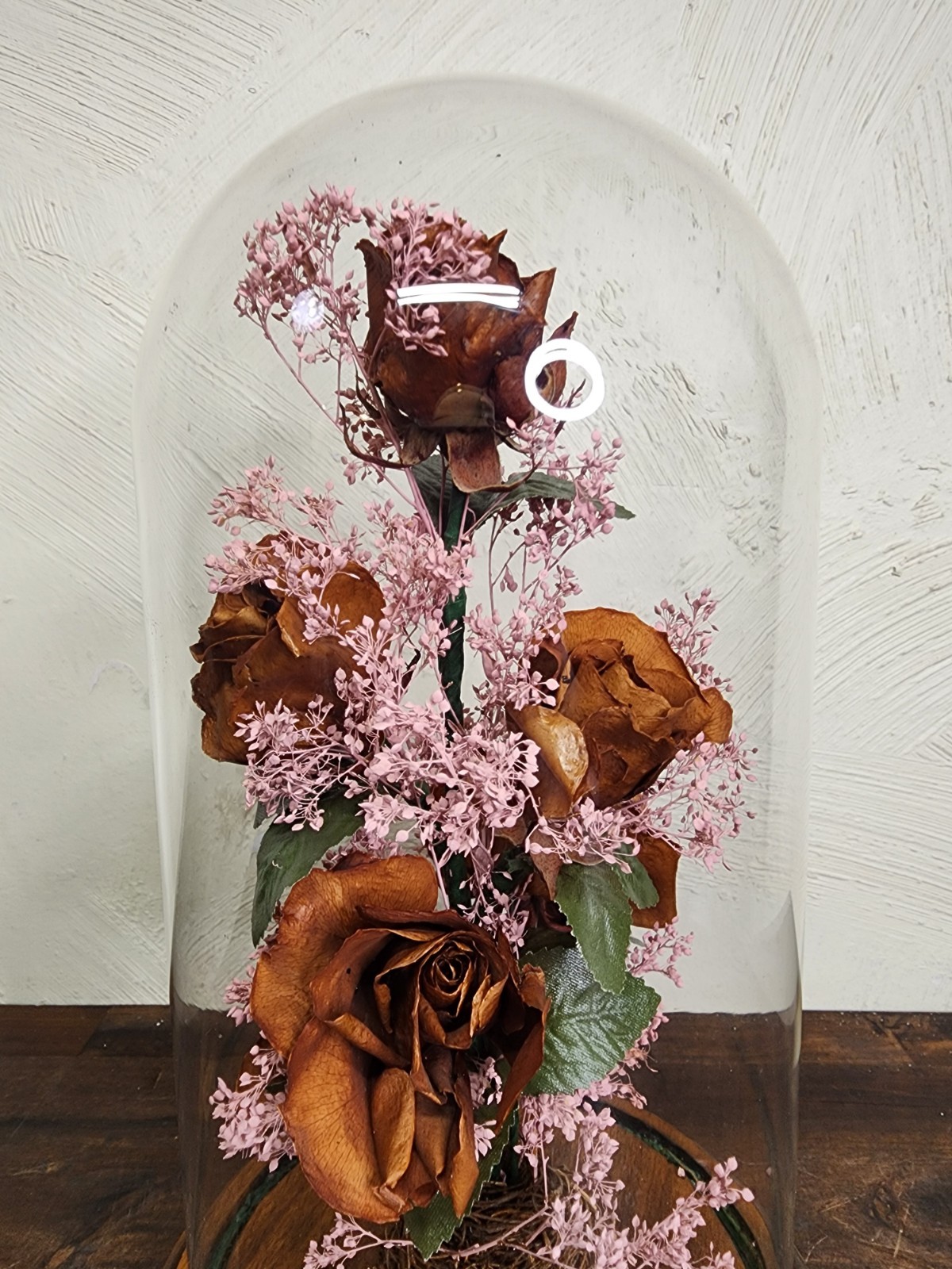 Vintage NATURAL ROSES TYLER TX Dried Flower Glass Dome Cloche Arrangement