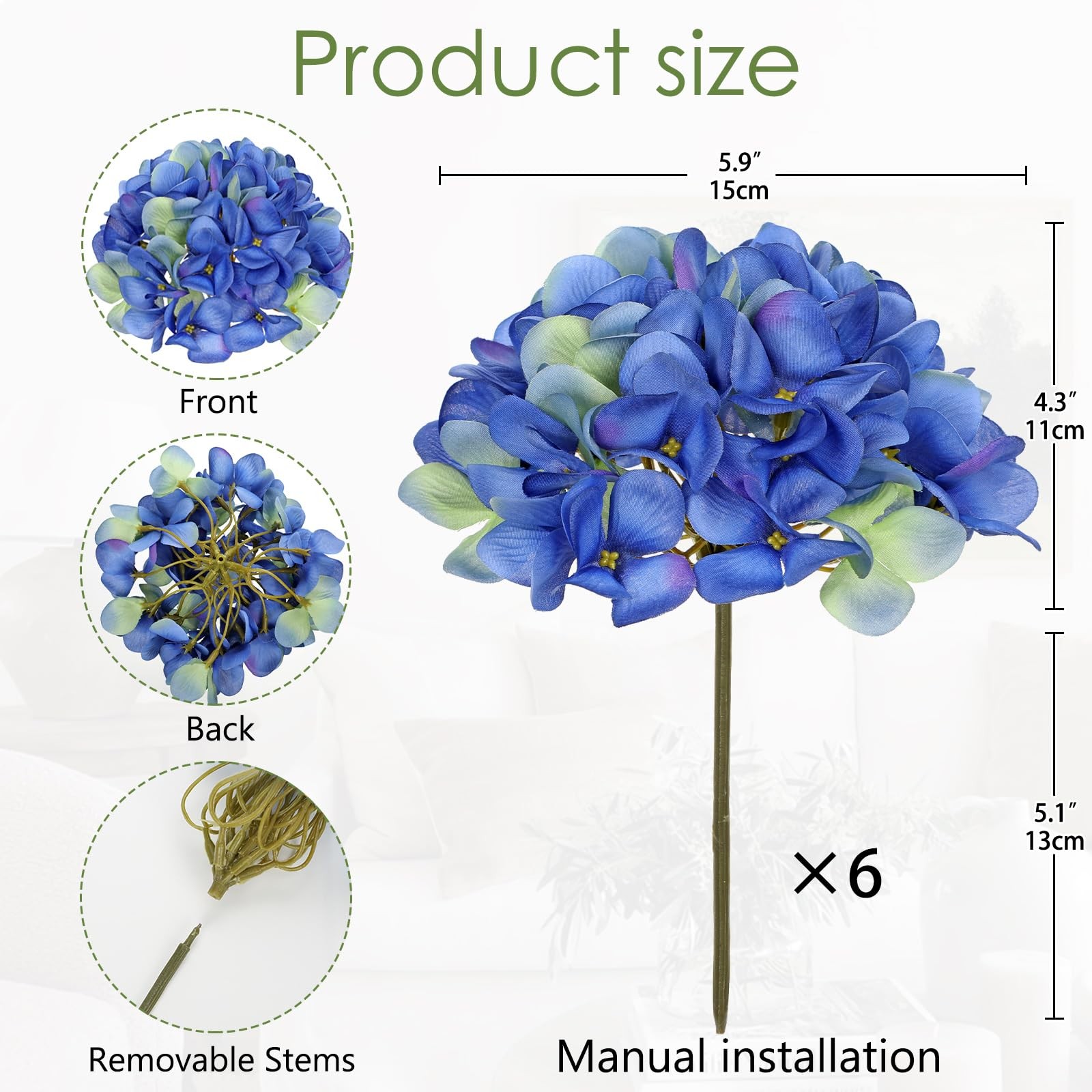 6 Pcs Blue Hydrangea Artificial Flowers Heads with Stems Silk Faux Hydrangea …