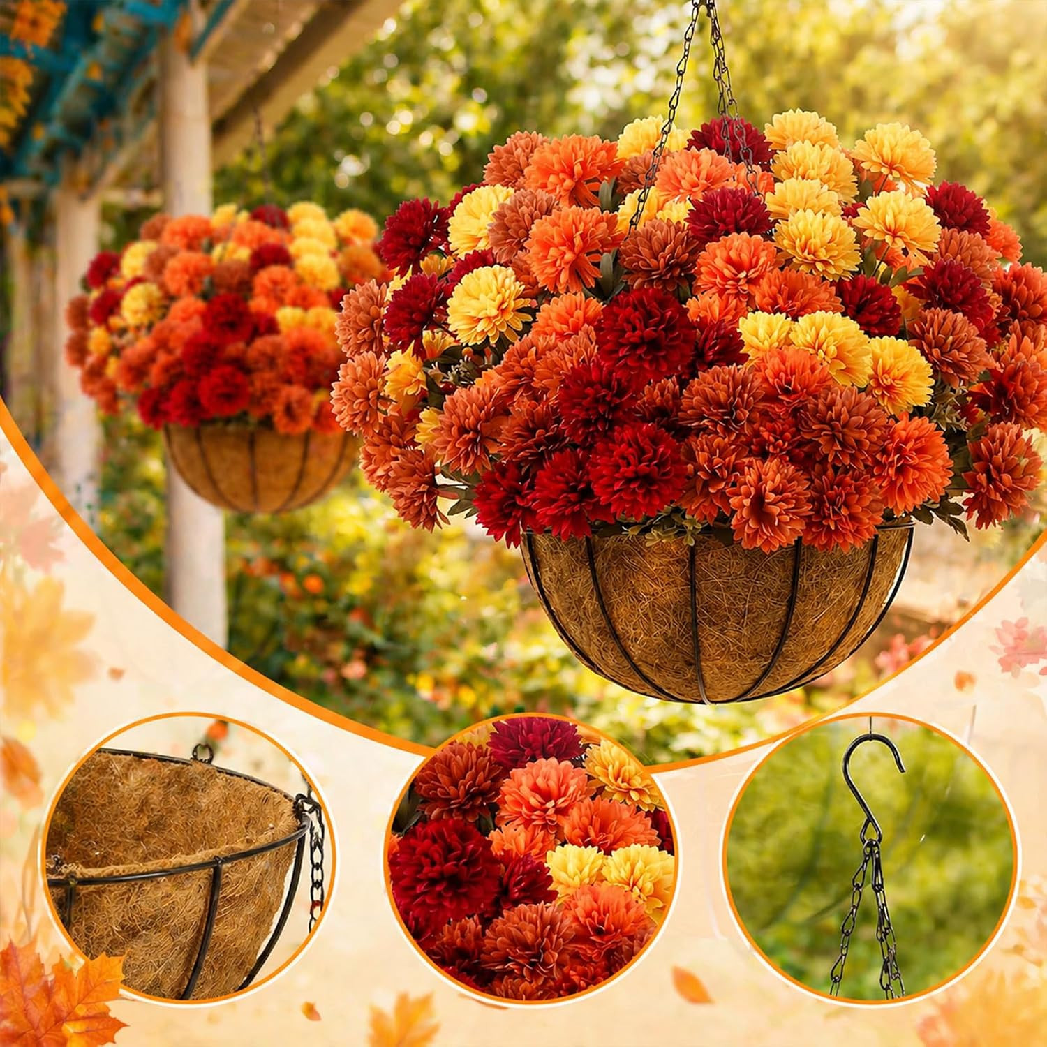 6 Bundle Fall Mum Artificial Flower Hanging Basket for Outdoor Porch Decor Fake