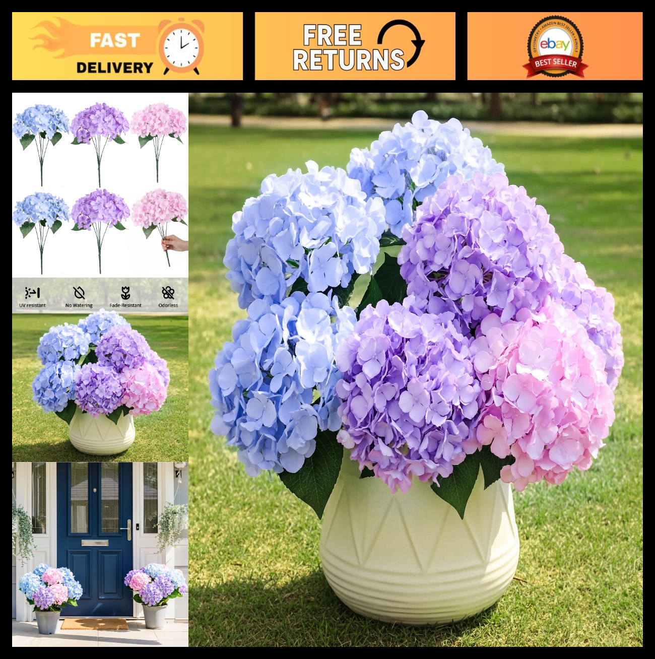 6 Bundles UV Resistant Artificial Hydrangea Flowers – 30 Heads for Indoor & Outd