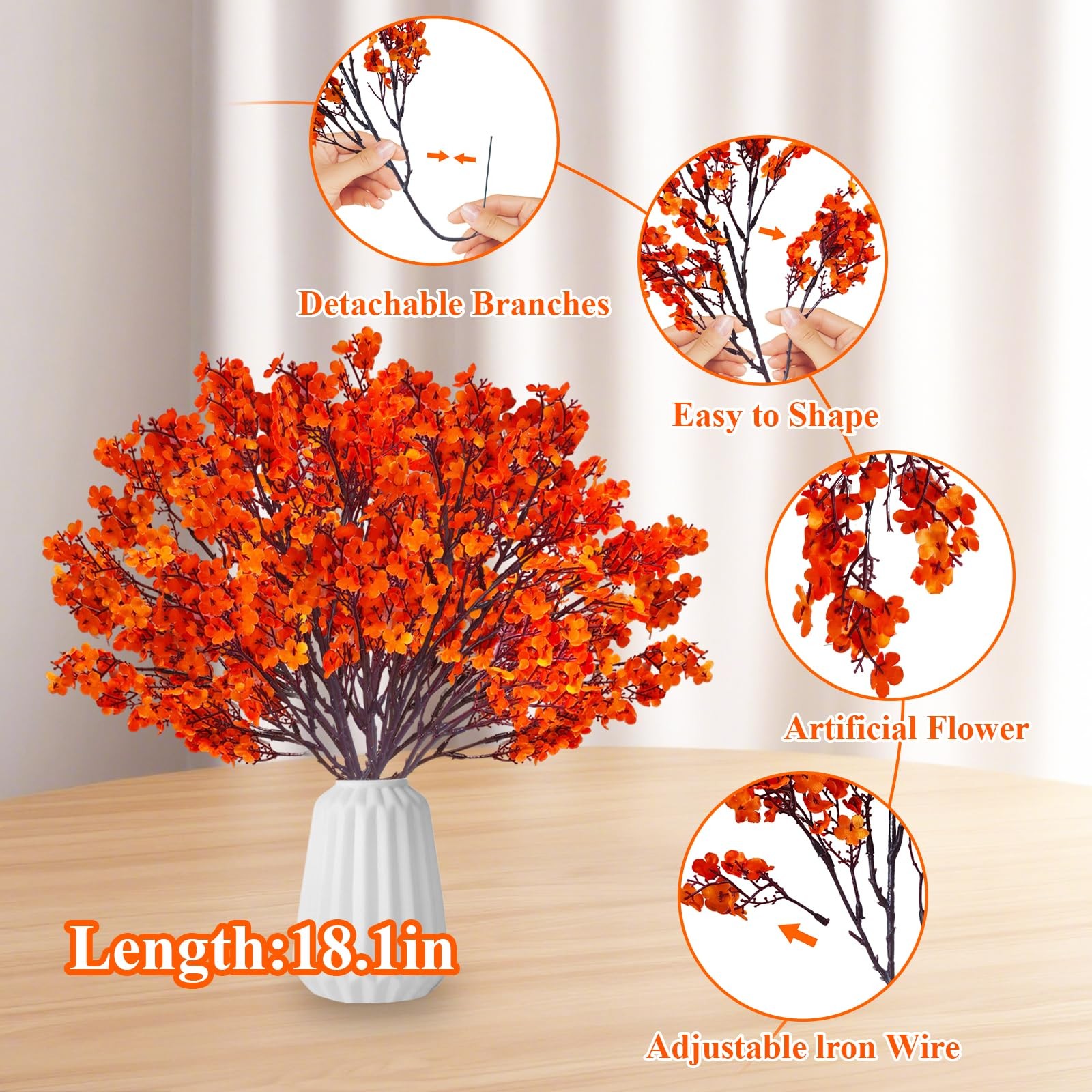 12PCS Fake Fall Flowers Orange Baby Breath Artificial Flowers Real Touch Silk…