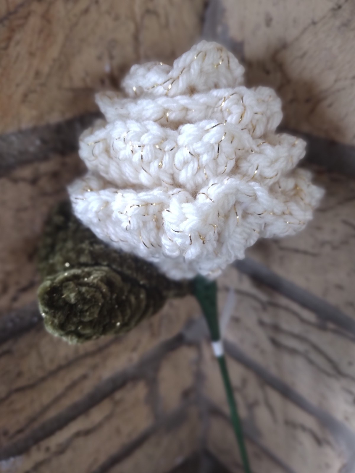 Crochet yarn rose flower handmade bling leaves set of 3 bunch
