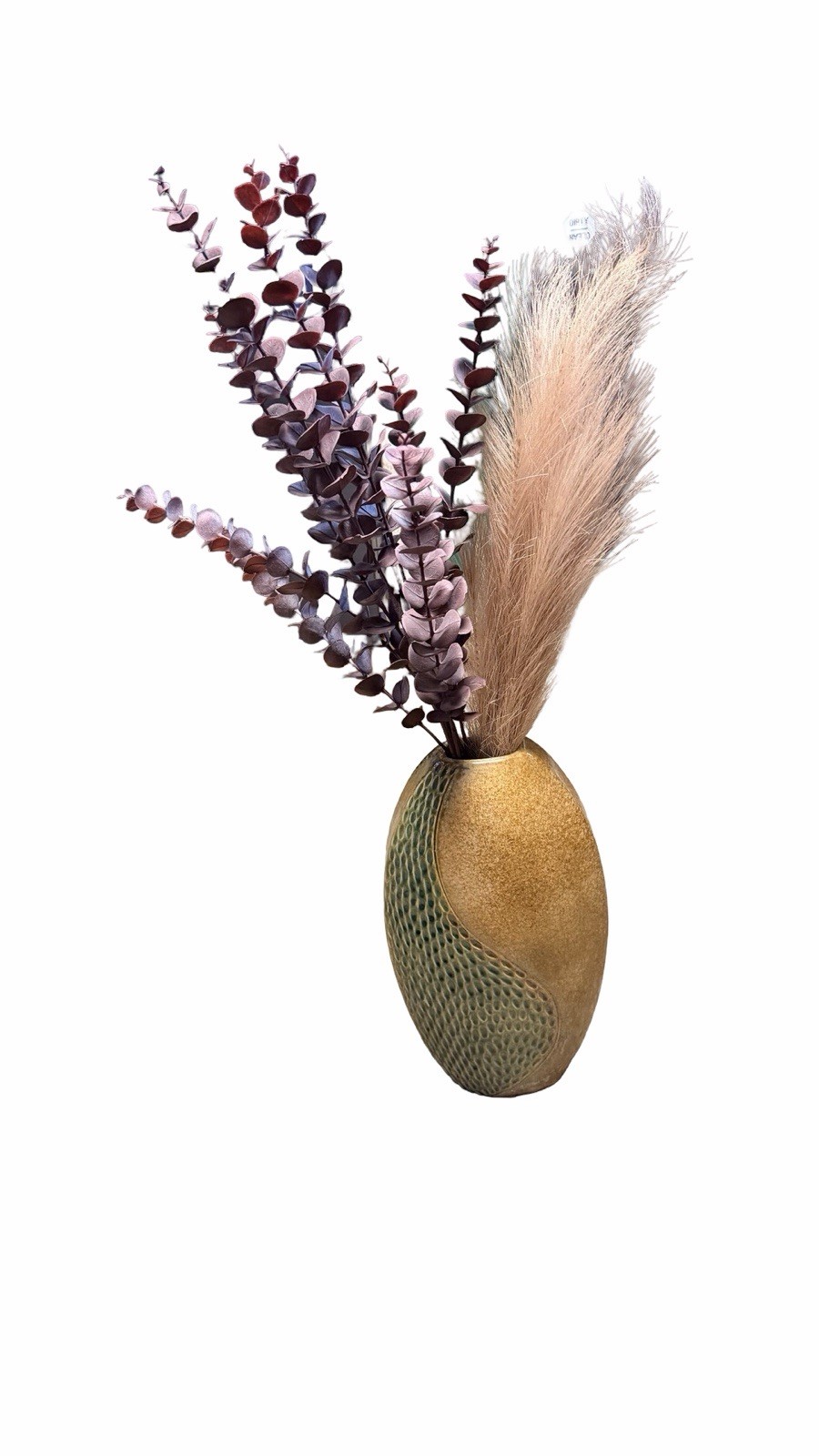 Modern Textured Ceramic Vase w Faux Pampas Eucalyptus Floral Arrangement