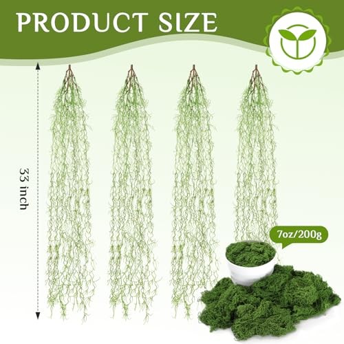 4 Pcs 33 Inch Fake Spanish Moss with 7 oz Artificial Green Moss for Potted