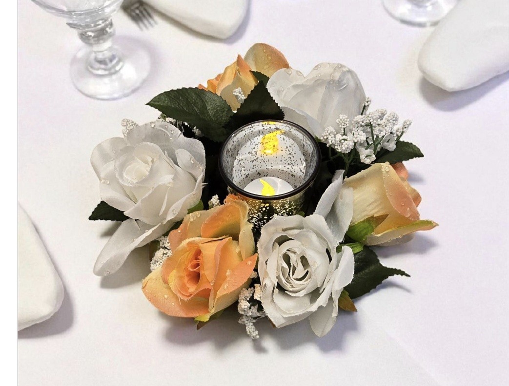 Artificial Flowers Weddingr Centerpieces 5 Pc. White, Orang Roses w/Babys Breath