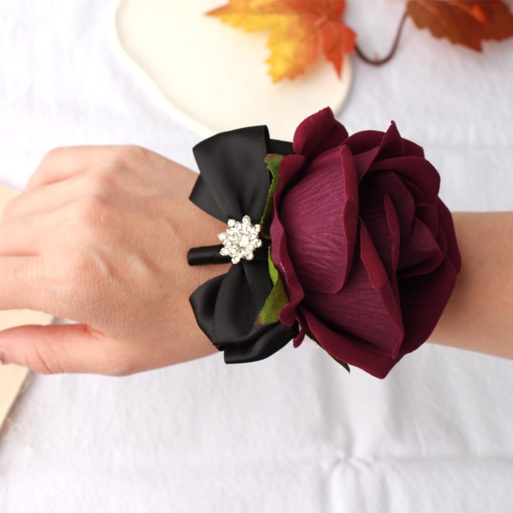 Wrist Corsage Rose Boutonniere Set Bride Groom Prom Party Decor Black Wine Red