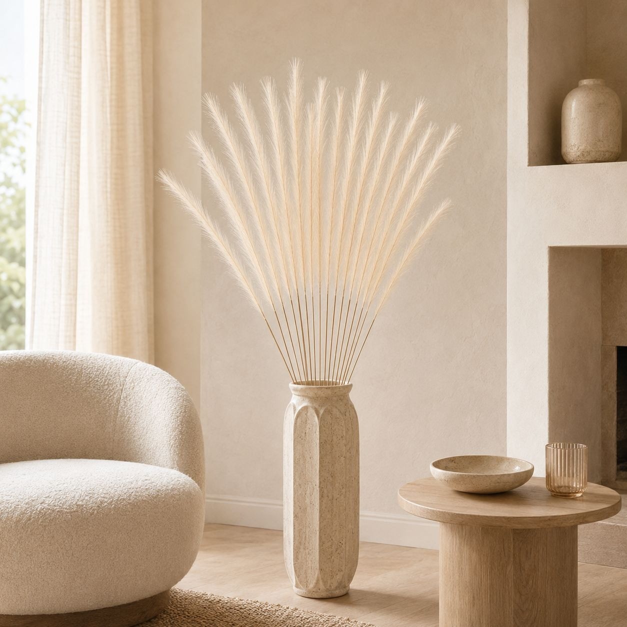 Ivory Artificial Pampas Grass Stems Set of 16, 31 Inch Faux Plumes for Tall Vase
