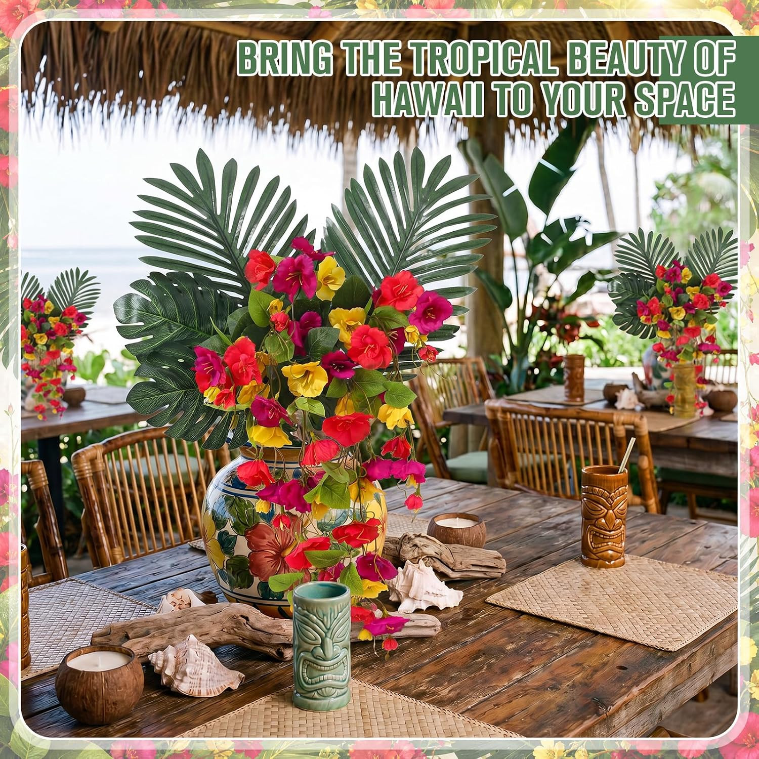 20 Pcs Tropical Hibiscus Flowers & Palm Leaves for Luau Party Decor
