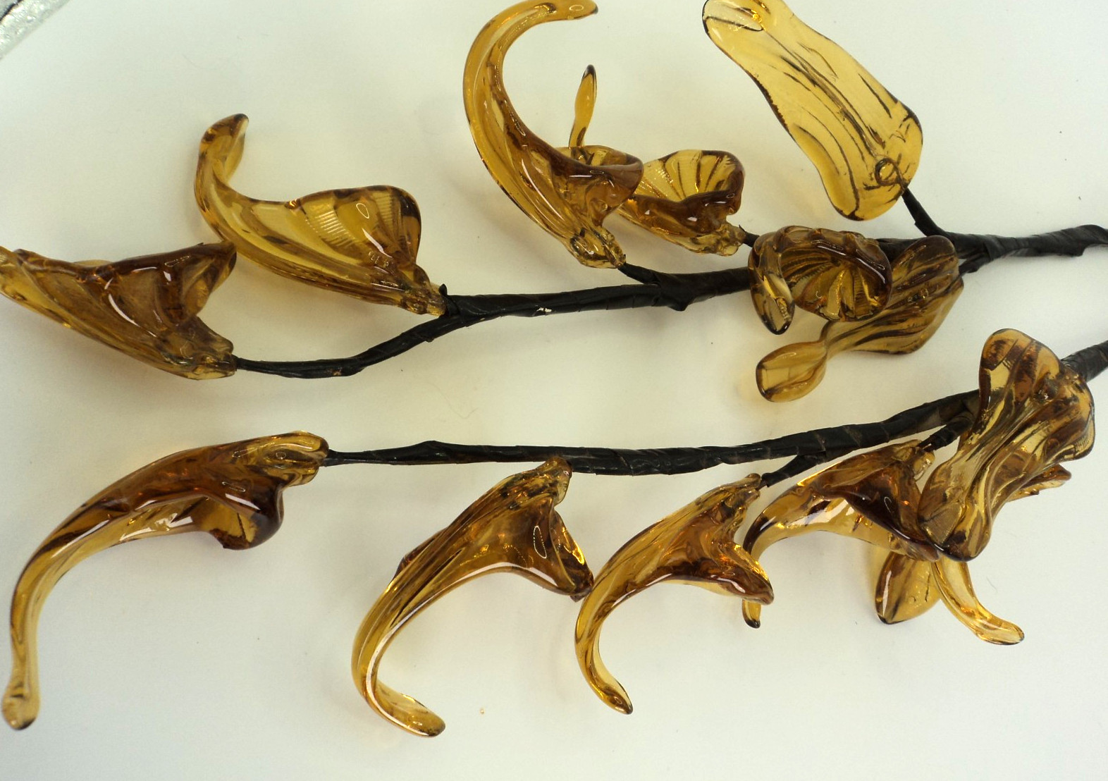 Pair of Vintage Amber Blown Glass Stalks of Flowers