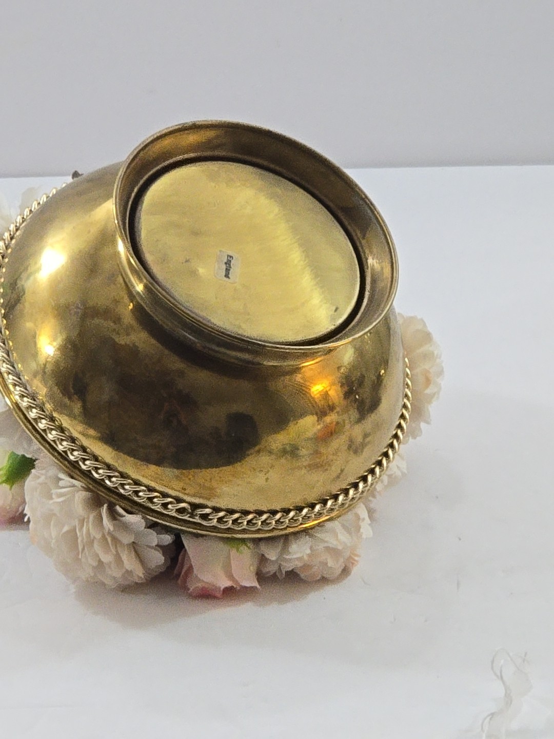 Vintage Silk Floral Arrangement in Footed Brass Planter Pot England 7″
