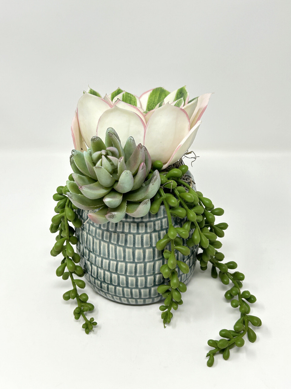 7″ Artificial White Succulent Garden #9 mixed arrangement, 4″ Teal-cream planter