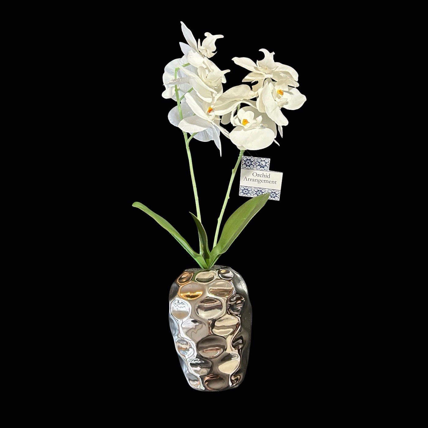 Orchid Floral Plant In Silver Metallic Vase 17” Table Art Modern Home Decor New