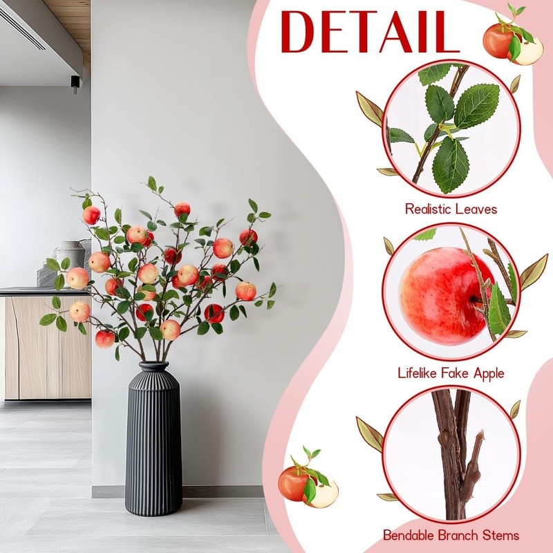 Artificial Fruit Branches Faux Apple Stem Floral Arrangement Home Decor New