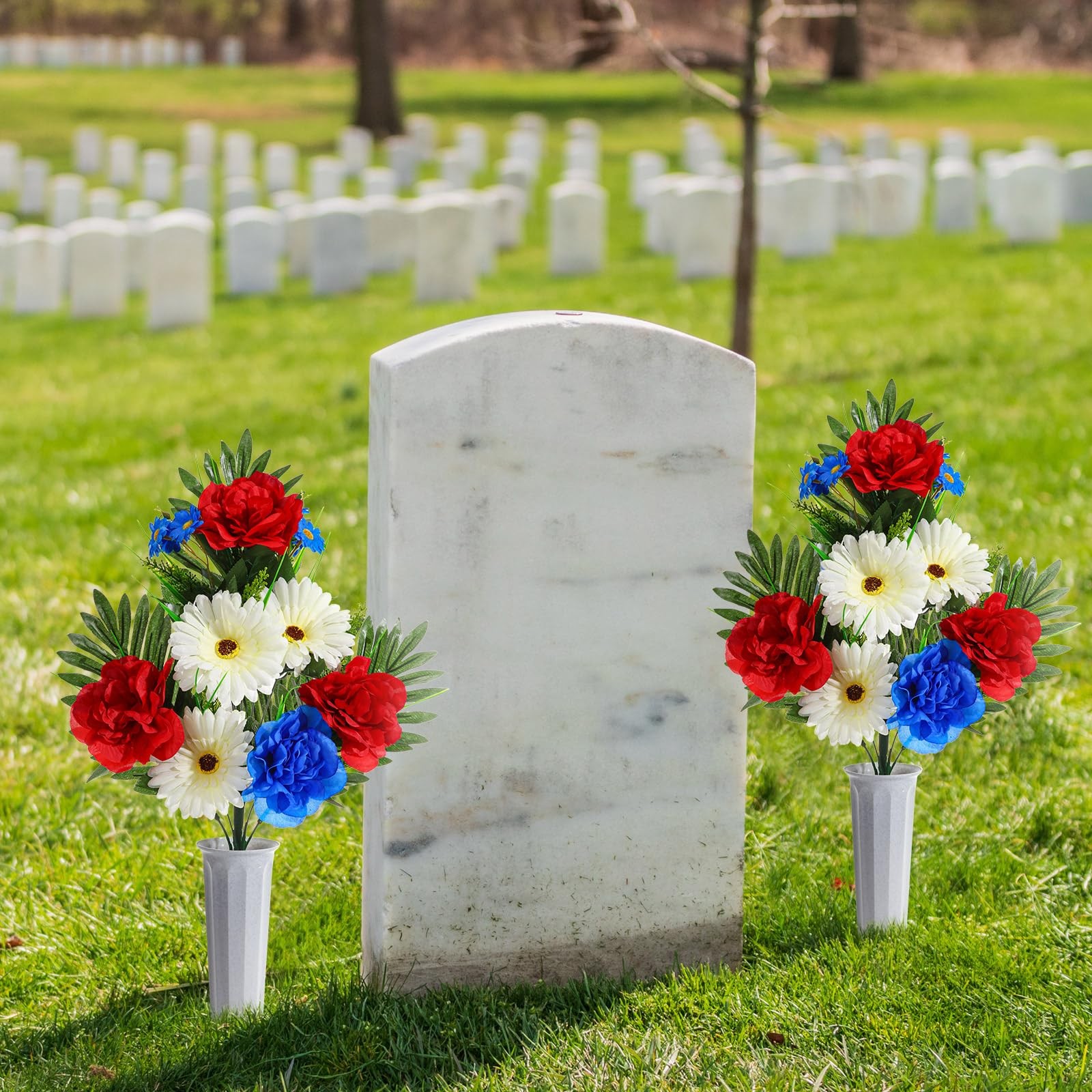 6 PCS Patriotic Memorial Red Blue White Artificial Flowers Bouquet With Vase