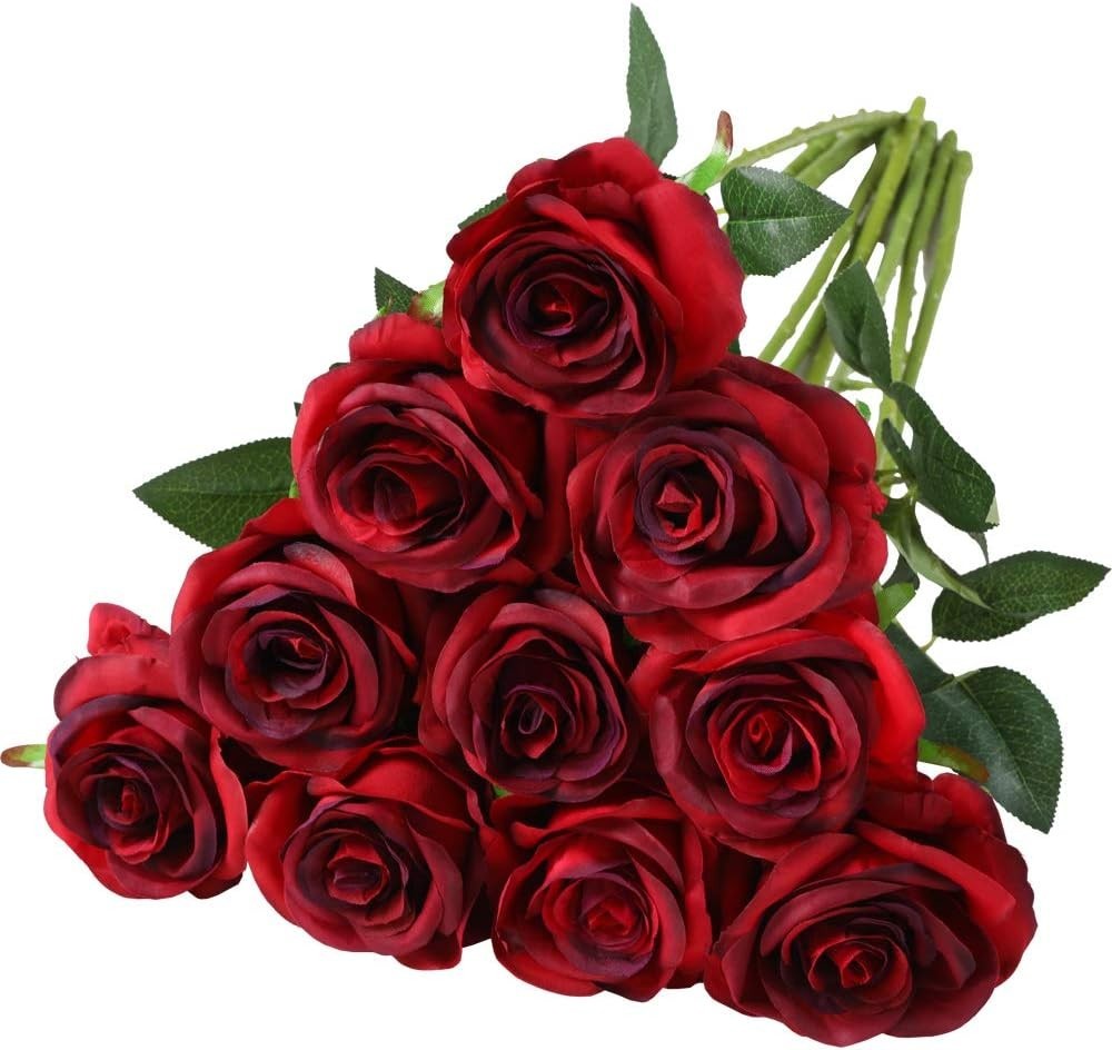 Beautiful 10pcs Gradient Wine Red Silk Roses – Perfect for Weddings and Home Use