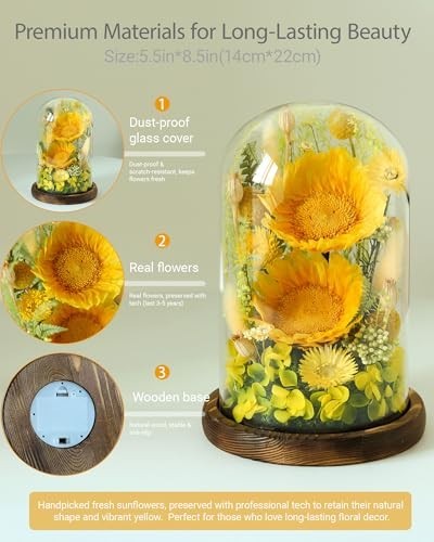 Preserved Sunflowers in Glass Dome – Unique Gifts for Women, Mom, Grandma, Wife