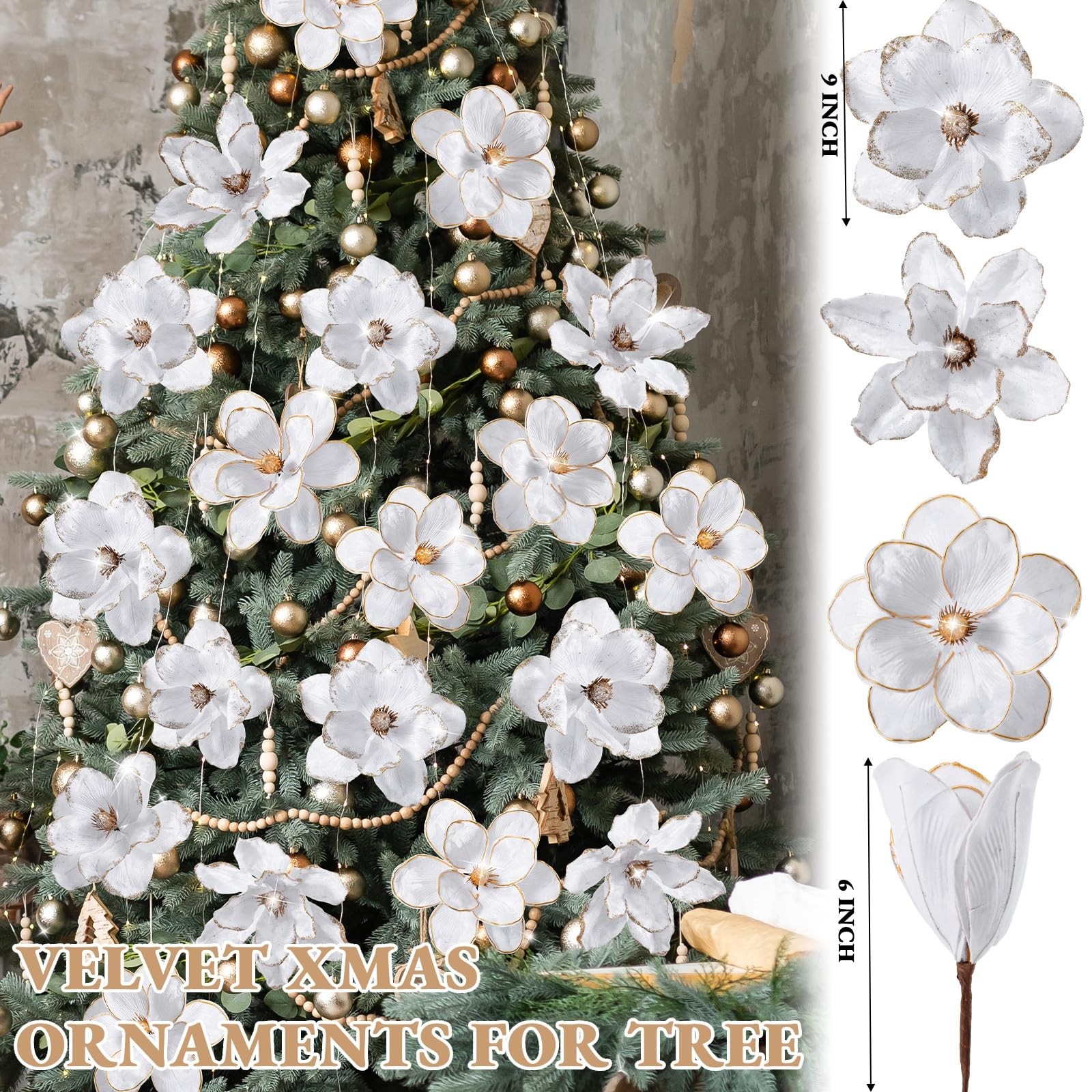 12 PCS 9 Inch White Velvet Christmas Magnolia Artificial Flower Glitter
