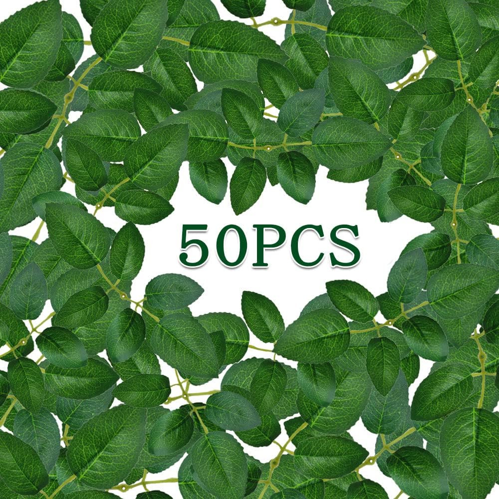 50 Pcs Artificial Green Leaves Bulk Silk Greenery Fake Rose Flower Leaves for DI