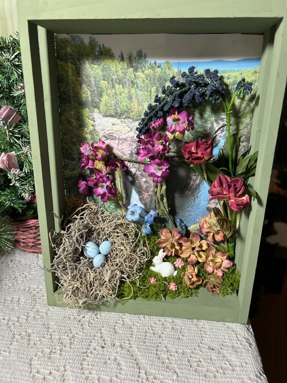 Handmade Nature Diorama Waterfall Birds Nest Dried Flowers