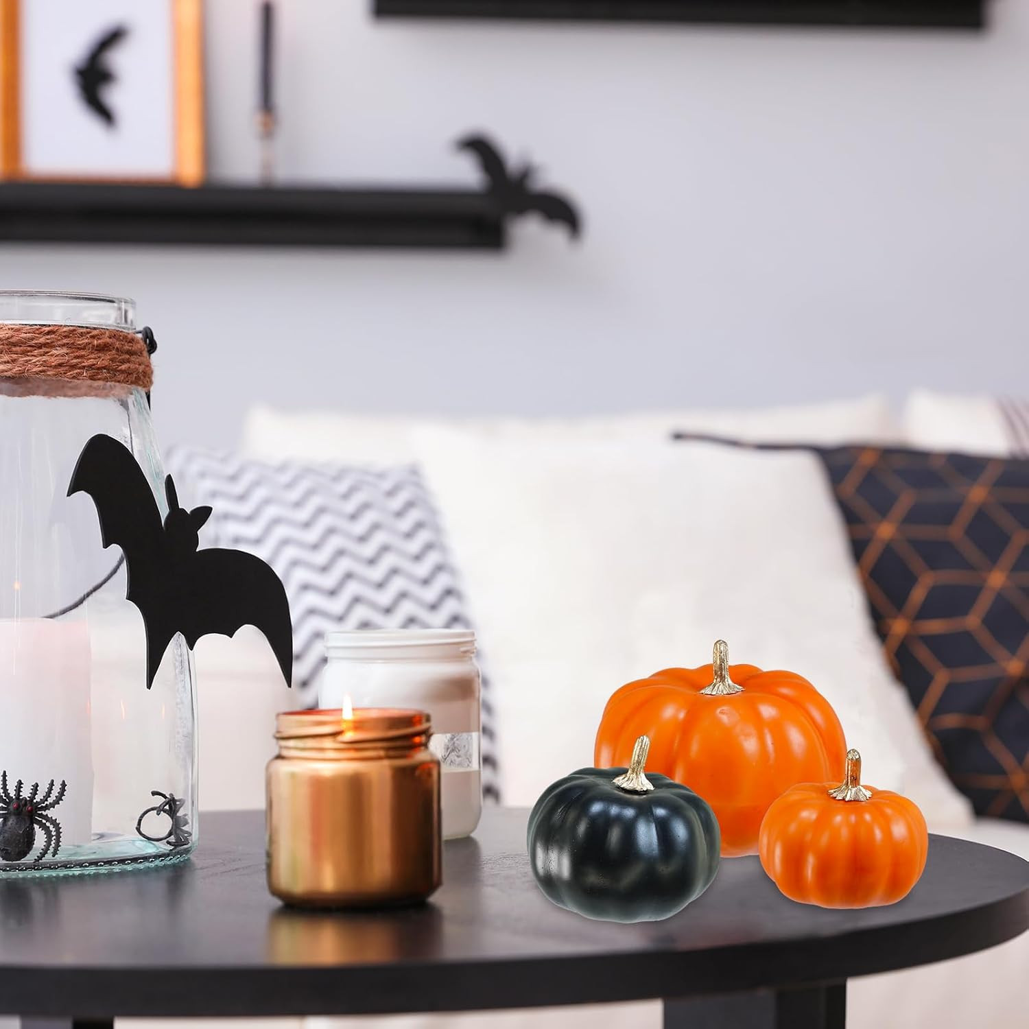 12 Pcs Artificial Orange & Black Pumpkins – Small Decorative Fall Pumpkins for A